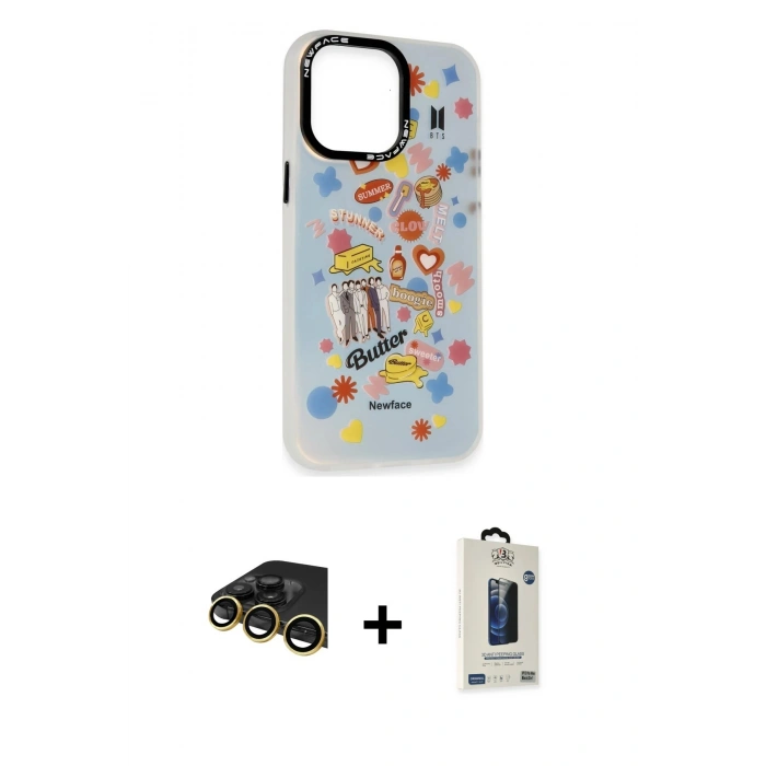 MARSİLYAN™- iPhone 14 Pro Max Kılıf Siluet Çizgi Koleksiyonu - Siyah Bilvis Hayalet Cam Ekran Koruyucu + Raze Metal Kamera Lens - GD