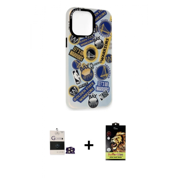 MARSİLYAN™- iPhone 14 Pro Max Kılıf Siluet Çizgi Koleksiyonu - Siyah Buffer Cam Ekran Koruyucu + Gold Bilvis Titan Kamera Lens
