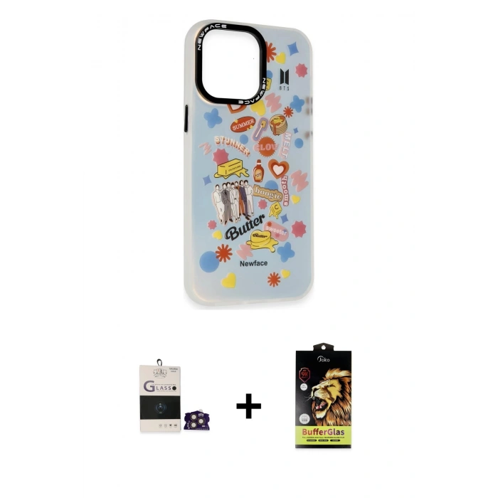 MARSİLYAN™- iPhone 14 Pro Max Kılıf Siluet Çizgi Koleksiyonu - Siyah Buffer Cam Ekran Koruyucu + Gold Bilvis Titan Kamera Lens