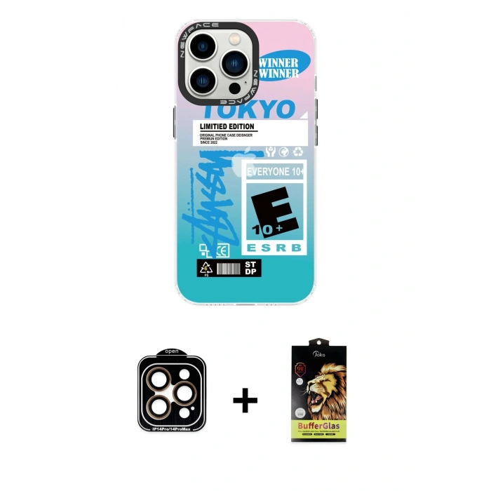 MARSİLYAN™- iPhone 14 Pro Max Kılıf Siluet Çizgi Koleksiyonu - Siyah Buffer Cam Ekran Koruyucu + PVD Metal Kamera Lens - TU