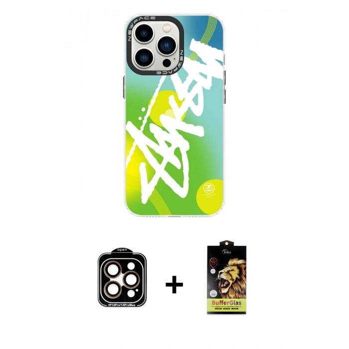 MARSİLYAN™- iPhone 14 Pro Max Kılıf Siluet Çizgi Koleksiyonu - Siyah Buffer Cam Ekran Koruyucu + PVD Metal Kamera Lens - TU