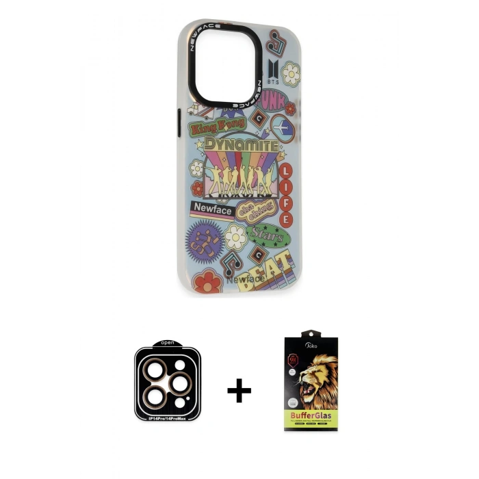 MARSİLYAN™- iPhone 14 Pro Max Kılıf Siluet Çizgi Koleksiyonu - Siyah Buffer Cam Ekran Koruyucu + PVD Metal Kamera Lens - TU