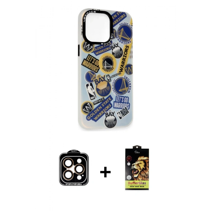 MARSİLYAN™- iPhone 14 Pro Max Kılıf Siluet Çizgi Koleksiyonu - Siyah Buffer Cam Ekran Koruyucu + PVD Metal Kamera Lens - TU