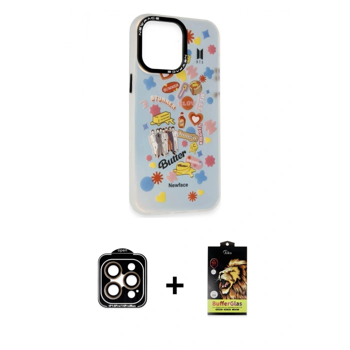MARSİLYAN™- iPhone 14 Pro Max Kılıf Siluet Çizgi Koleksiyonu - Siyah Buffer Cam Ekran Koruyucu + PVD Metal Kamera Lens - TU