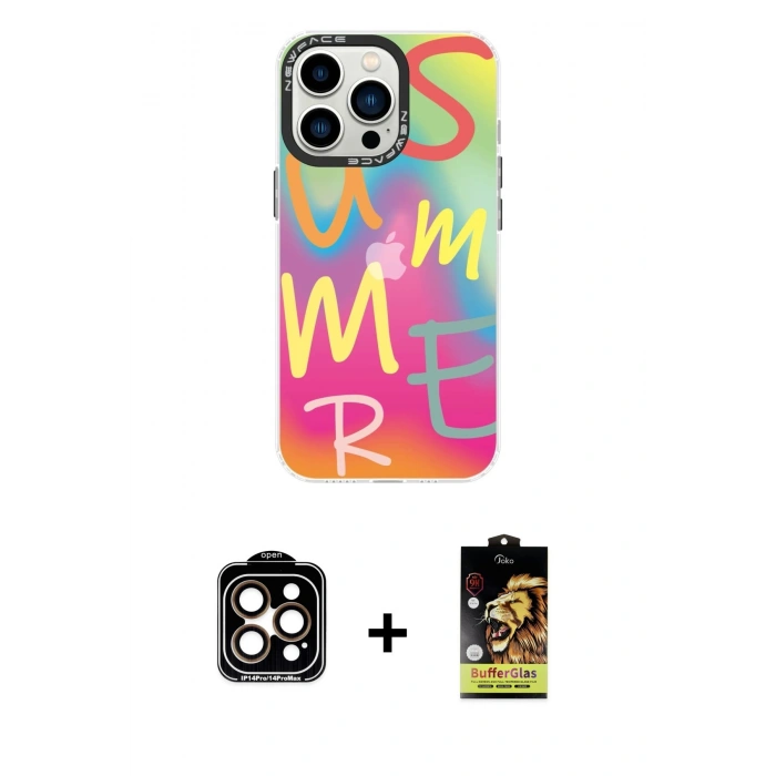 MARSİLYAN™- iPhone 14 Pro Max Kılıf Siluet Çizgi Koleksiyonu - Siyah Buffer Cam Ekran Koruyucu + PVD Metal Kamera Lens - TU