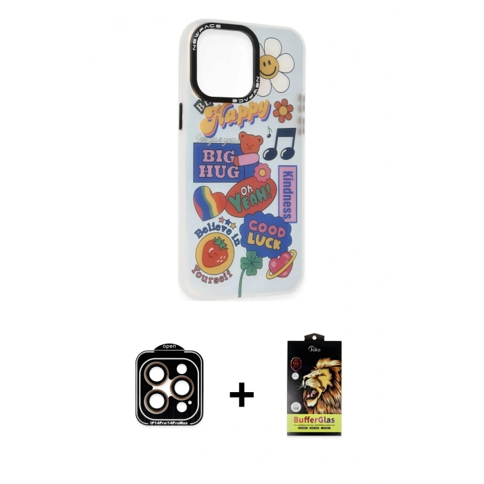 MARSİLYAN™- iPhone 14 Pro Max Kılıf Siluet Çizgi Koleksiyonu - Siyah Buffer Cam Ekran Koruyucu + PVD Metal Kamera Lens - TU