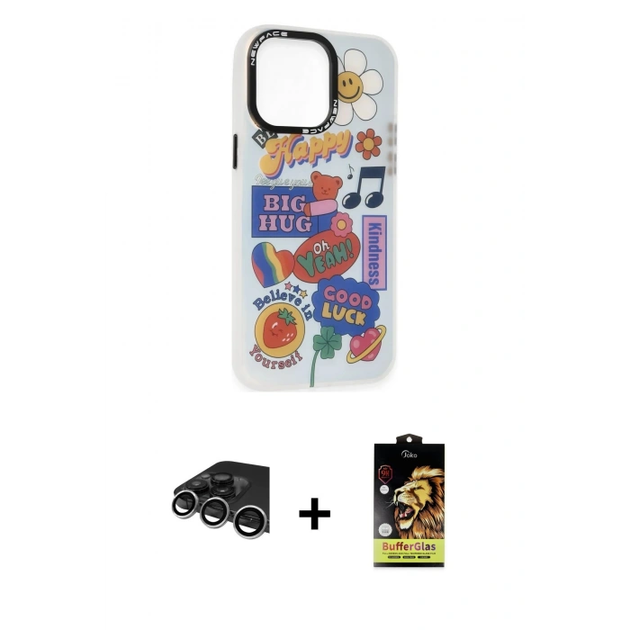 MARSİLYAN™- iPhone 14 Pro Max Kılıf Siluet Çizgi Koleksiyonu - Siyah Buffer Cam Ekran Koruyucu + Raze Metal Kamera Lens - GS