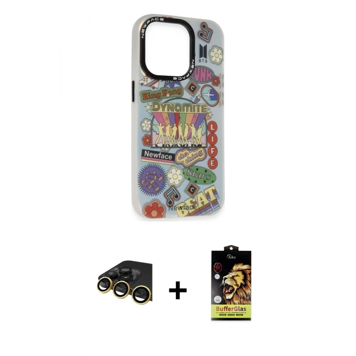 MARSİLYAN™- iPhone 14 Pro Max Kılıf Siluet Çizgi Koleksiyonu - Siyah Buffer Cam Ekran Koruyucu + Raze Metal Kamera Lens - GD