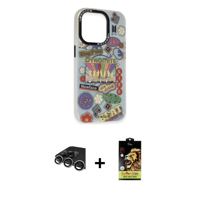 MARSİLYAN™- iPhone 14 Pro Max Kılıf Siluet Çizgi Koleksiyonu - Siyah Buffer Cam Ekran Koruyucu + Raze Metal Kamera Lens - GS