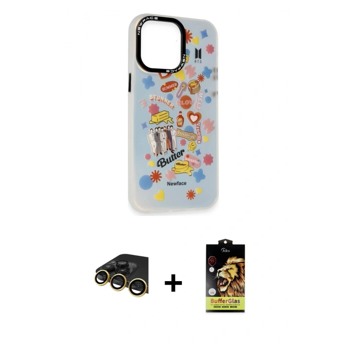 MARSİLYAN™- iPhone 14 Pro Max Kılıf Siluet Çizgi Koleksiyonu - Siyah Buffer Cam Ekran Koruyucu + Raze Metal Kamera Lens - GD