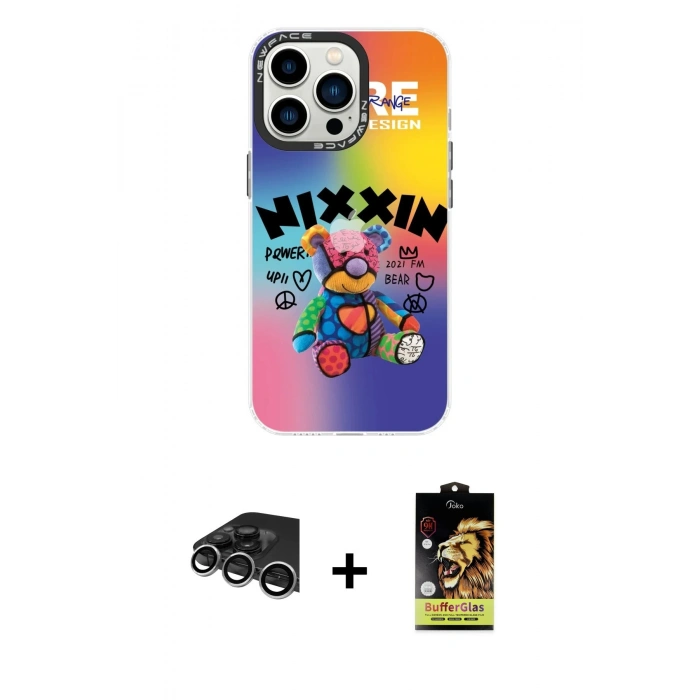 MARSİLYAN™- iPhone 14 Pro Max Kılıf Siluet Çizgi Koleksiyonu - Siyah Buffer Cam Ekran Koruyucu + Raze Metal Kamera Lens - GS