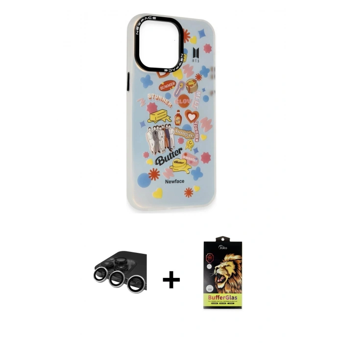 MARSİLYAN™- iPhone 14 Pro Max Kılıf Siluet Çizgi Koleksiyonu - Siyah Buffer Cam Ekran Koruyucu + Raze Metal Kamera Lens - GS