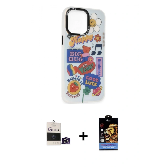 MARSİLYAN™- iPhone 14 Pro Max Kılıf Siluet Çizgi Koleksiyonu - Siyah Buffer Hayalet Cam Ekran Koruyucu + Bilvis Titan Kamera Lens - SH