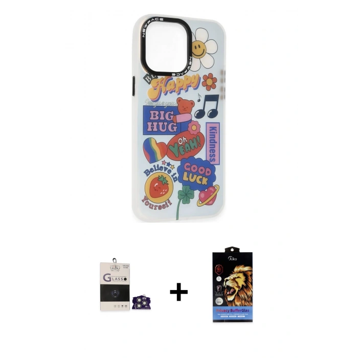 MARSİLYAN™- iPhone 14 Pro Max Kılıf Siluet Çizgi Koleksiyonu - Siyah Buffer Hayalet Cam Ekran Koruyucu + Gümüş Bilvis Titan Kamera Lens