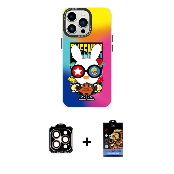 MARSİLYAN™- iPhone 14 Pro Max Kılıf Siluet Çizgi Koleksiyonu - Siyah Buffer Hayalet Cam Ekran Koruyucu + PVD Metal Kamera Lens - TU