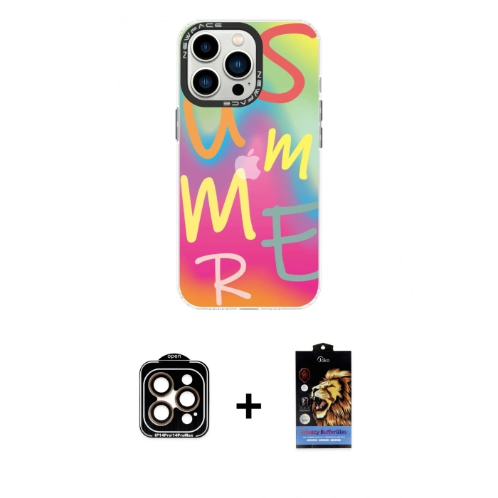 MARSİLYAN™- iPhone 14 Pro Max Kılıf Siluet Çizgi Koleksiyonu - Siyah Buffer Hayalet Cam Ekran Koruyucu + PVD Metal Kamera Lens - TU