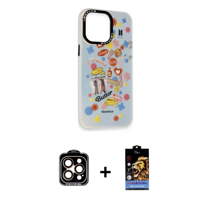 MARSİLYAN™- iPhone 14 Pro Max Kılıf Siluet Çizgi Koleksiyonu - Siyah Buffer Hayalet Cam Ekran Koruyucu + PVD Metal Kamera Lens - TU