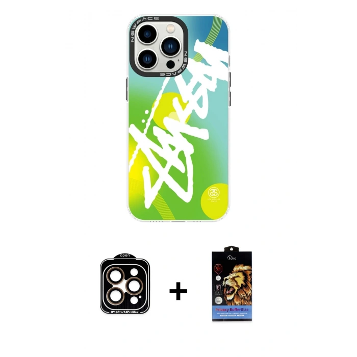 MARSİLYAN™- iPhone 14 Pro Max Kılıf Siluet Çizgi Koleksiyonu - Siyah Buffer Hayalet Cam Ekran Koruyucu + PVD Metal Kamera Lens - TU
