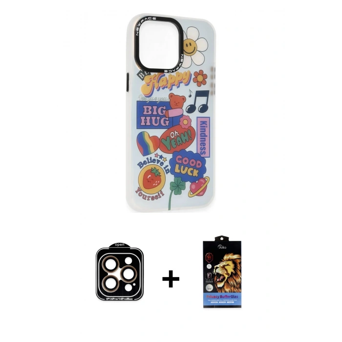 MARSİLYAN™- iPhone 14 Pro Max Kılıf Siluet Çizgi Koleksiyonu - Siyah Buffer Hayalet Cam Ekran Koruyucu + PVD Metal Kamera Lens - TU