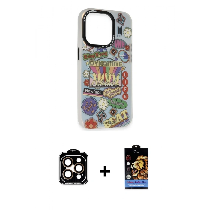 MARSİLYAN™- iPhone 14 Pro Max Kılıf Siluet Çizgi Koleksiyonu - Siyah Buffer Hayalet Cam Ekran Koruyucu + PVD Metal Kamera Lens - TU