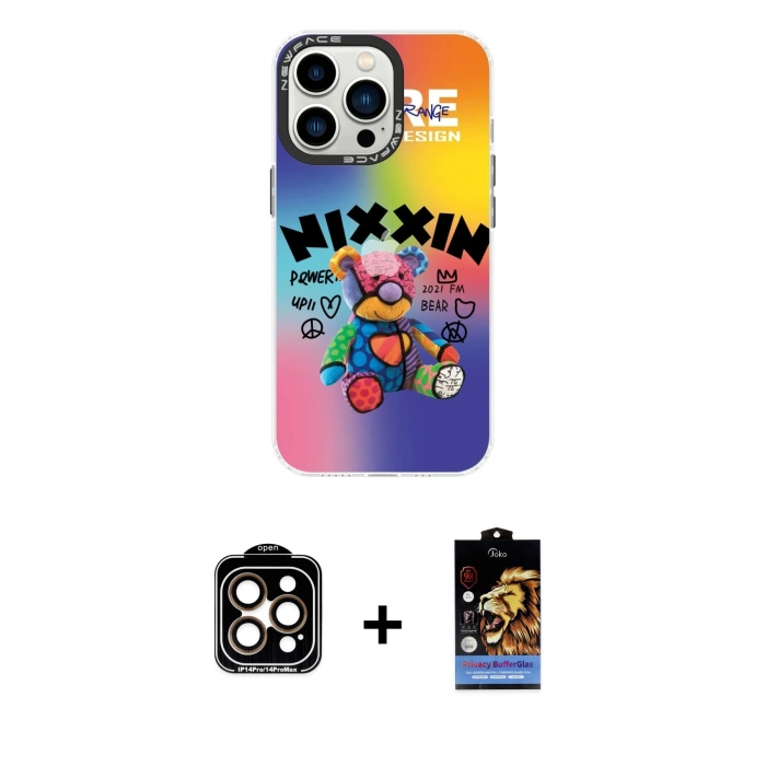 MARSİLYAN™- iPhone 14 Pro Max Kılıf Siluet Çizgi Koleksiyonu - Siyah Buffer Hayalet Cam Ekran Koruyucu + PVD Metal Kamera Lens - TU