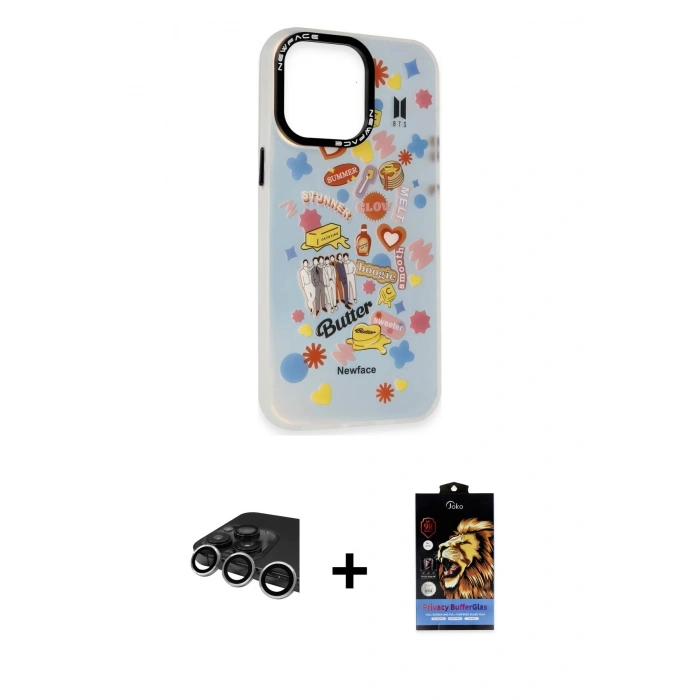 MARSİLYAN™- iPhone 14 Pro Max Kılıf Siluet Çizgi Koleksiyonu - Siyah Buffer Hayalet Cam Ekran Koruyucu + Raze Metal Kamera Lens - GS