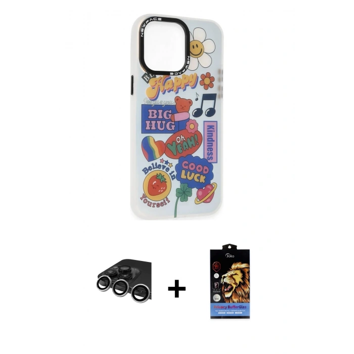MARSİLYAN™- iPhone 14 Pro Max Kılıf Siluet Çizgi Koleksiyonu - Siyah Buffer Hayalet Cam Ekran Koruyucu + Raze Metal Kamera Lens - GS
