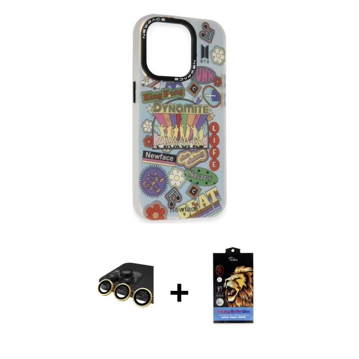 MARSİLYAN™- iPhone 14 Pro Max Kılıf Siluet Çizgi Koleksiyonu - Siyah Buffer Hayalet Cam Ekran Koruyucu + Raze Metal Kamera Lens - GD