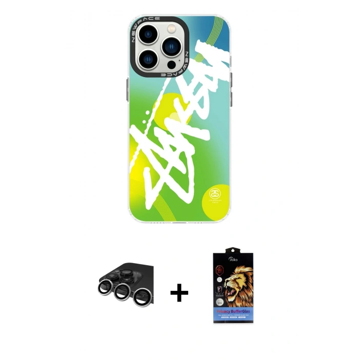 MARSİLYAN™- iPhone 14 Pro Max Kılıf Siluet Çizgi Koleksiyonu - Siyah Buffer Hayalet Cam Ekran Koruyucu + Raze Metal Kamera Lens - GS
