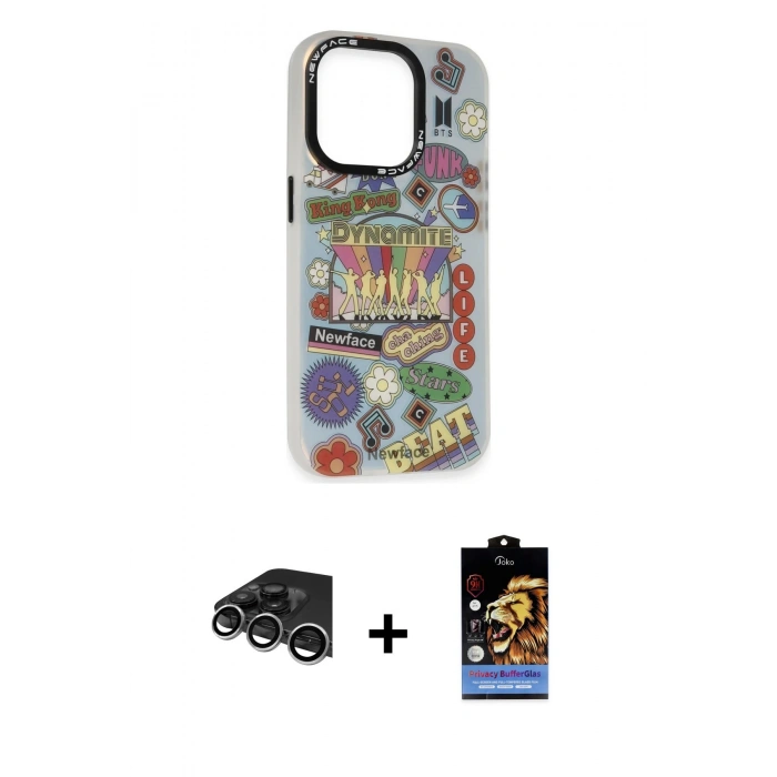 MARSİLYAN™- iPhone 14 Pro Max Kılıf Siluet Çizgi Koleksiyonu - Siyah Buffer Hayalet Cam Ekran Koruyucu + Raze Metal Kamera Lens - GS