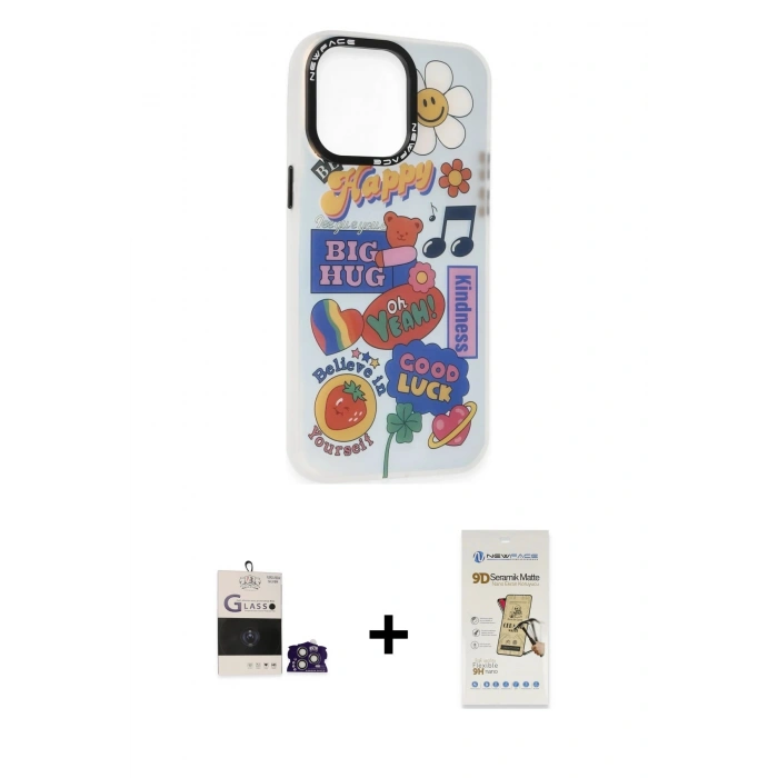 MARSİLYAN™- iPhone 14 Pro Max Kılıf Siluet Çizgi Koleksiyonu - Siyah Mat Seramik Nano Ekran Koruyucu + Bilvis Titan Kamera Lens - GS