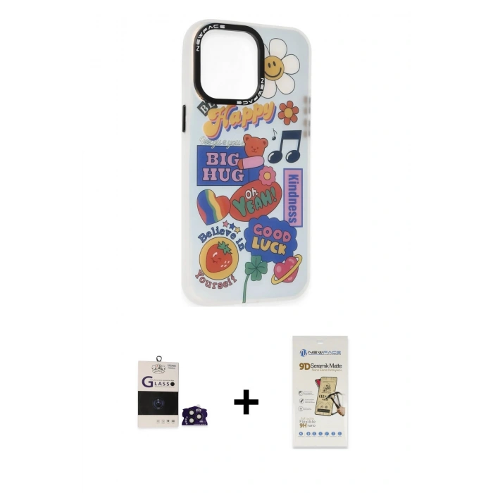 MARSİLYAN™- iPhone 14 Pro Max Kılıf Siluet Çizgi Koleksiyonu - Siyah Mat Seramik Nano Ekran Koruyucu + Derin Mor Bilvis Titan Kamera Lens