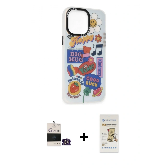 MARSİLYAN™- iPhone 14 Pro Max Kılıf Siluet Çizgi Koleksiyonu - Siyah Mat Seramik Nano Ekran Koruyucu + Bilvis Titan Kamera Lens - GD