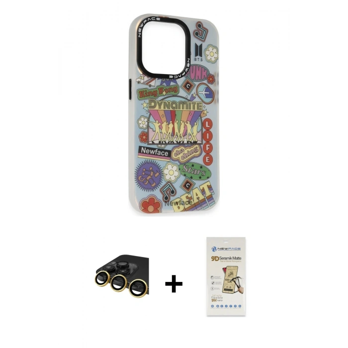 MARSİLYAN™- iPhone 14 Pro Max Kılıf Siluet Çizgi Koleksiyonu - Siyah Mat Seramik Nano Ekran Koruyucu + Raze Metal Kamera Lens - GD
