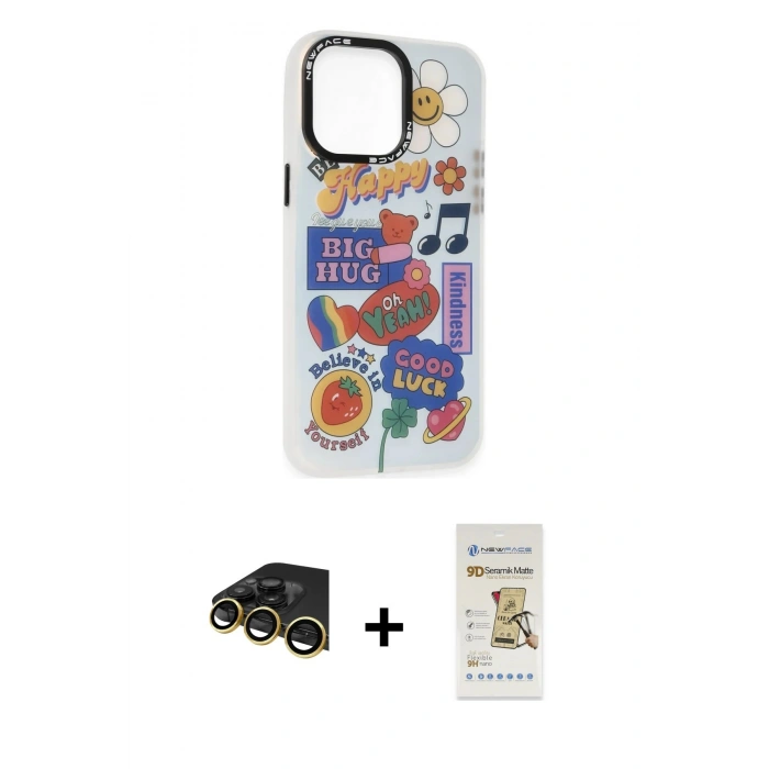 MARSİLYAN™- iPhone 14 Pro Max Kılıf Siluet Çizgi Koleksiyonu - Siyah Mat Seramik Nano Ekran Koruyucu + Raze Metal Kamera Lens - GD