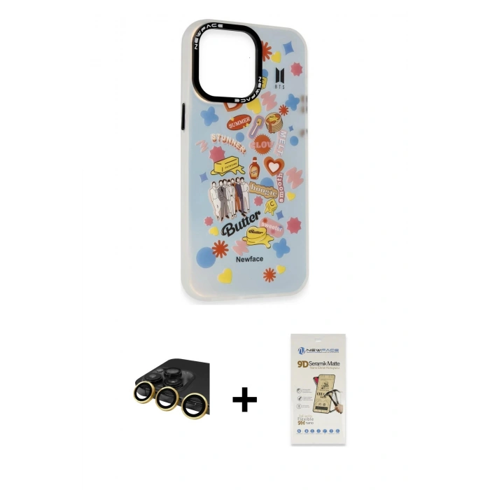 MARSİLYAN™- iPhone 14 Pro Max Kılıf Siluet Çizgi Koleksiyonu - Siyah Mat Seramik Nano Ekran Koruyucu + Raze Metal Kamera Lens - GD