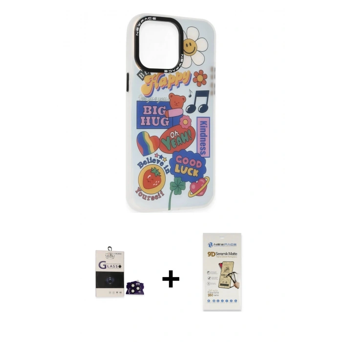 MARSİLYAN™- iPhone 14 Pro Max Kılıf Siluet Çizgi Koleksiyonu - Siyah Mat Seramik Nano Ekran Koruyucu + Bilvis Titan Kamera Lens - SH