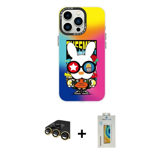 MARSİLYAN™- iPhone 14 Pro Max Kılıf Siluet Çizgi Koleksiyonu - Siyah Polymer Nano Ekran Koruyucu + Gold Raze Metal Kamera Lens