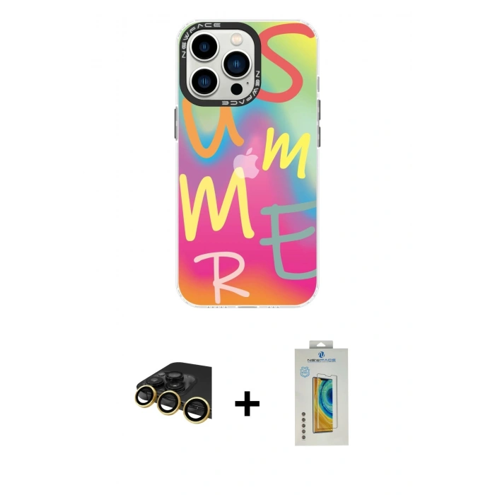 MARSİLYAN™- iPhone 14 Pro Max Kılıf Siluet Çizgi Koleksiyonu - Siyah Polymer Nano Ekran Koruyucu + Gold Raze Metal Kamera Lens
