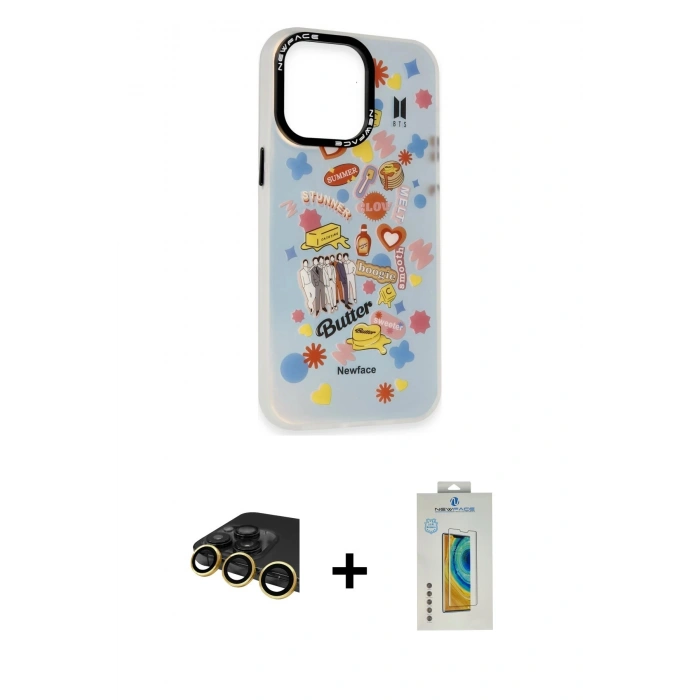 MARSİLYAN™- iPhone 14 Pro Max Kılıf Siluet Çizgi Koleksiyonu - Siyah Polymer Nano Ekran Koruyucu + Gold Raze Metal Kamera Lens