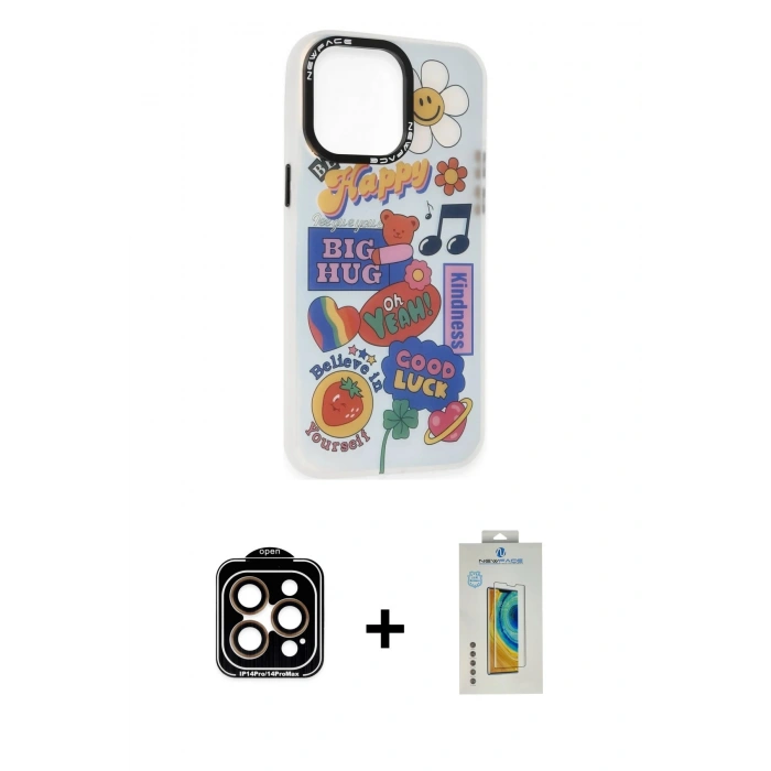 MARSİLYAN™- iPhone 14 Pro Max Kılıf Siluet Çizgi Koleksiyonu - Siyah Polymer Nano Ekran Koruyucu + PVD Metal Kamera Lens - TU