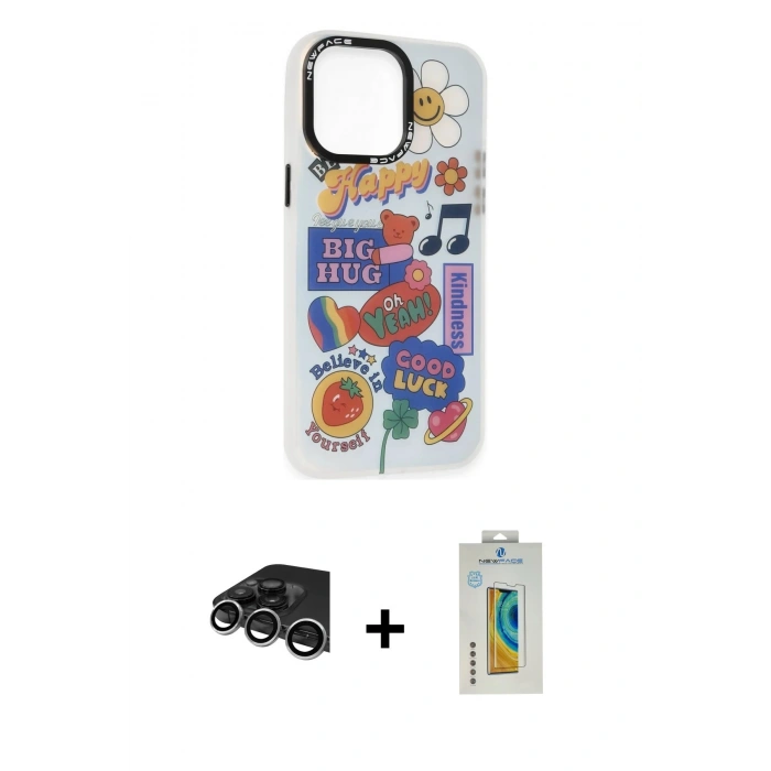 MARSİLYAN™- iPhone 14 Pro Max Kılıf Siluet Çizgi Koleksiyonu - Siyah Polymer Nano Ekran Koruyucu + Raze Metal Kamera Lens - GS