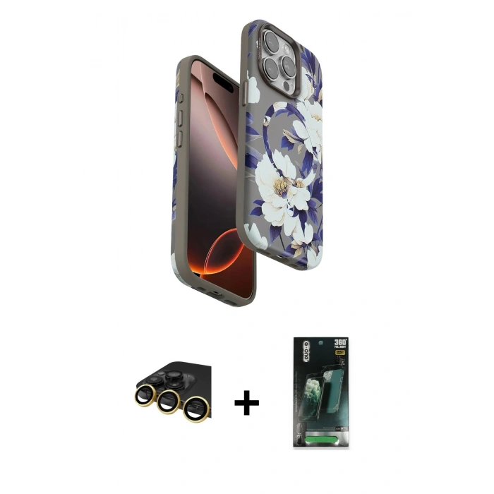 MARSİLYAN™- iPhone 14 Pro Max Kılıf Siluet Doku - Şeffaf 360 Full Body Arka Koruyucu + Raze Metal Kamera Lens - GD