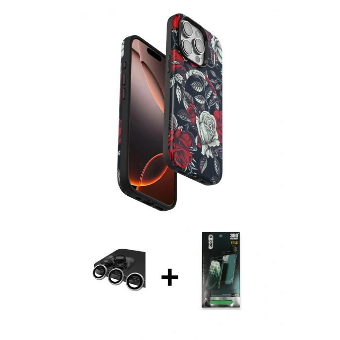MARSİLYAN™- iPhone 14 Pro Max Kılıf Siluet Doku - Şeffaf 360 Full Body Arka Koruyucu + Raze Metal Kamera Lens - GS