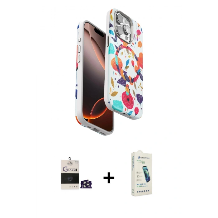MARSİLYAN™- iPhone 14 Pro Max Kılıf Siluet Doku - Şeffaf Pasifik Cam Ekran Koruyucu + Bilvis Titan Kamera Lens - GS