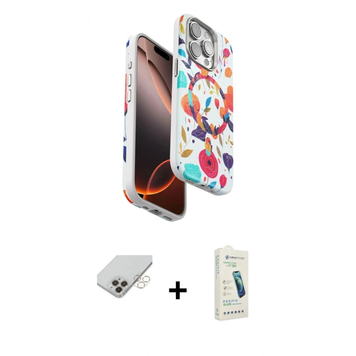 MARSİLYAN™- iPhone 14 Pro Max Kılıf Siluet Doku - Şeffaf Pasifik Cam Ekran Koruyucu + Gold Band Metal Kamera Lens