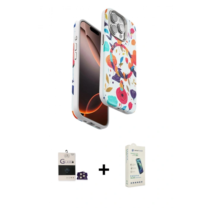 MARSİLYAN™- iPhone 14 Pro Max Kılıf Siluet Doku - Şeffaf Pasifik Cam Ekran Koruyucu + Gold Bilvis Titan Kamera Lens
