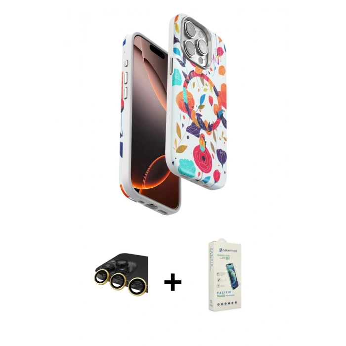 MARSİLYAN™- iPhone 14 Pro Max Kılıf Siluet Doku - Şeffaf Pasifik Cam Ekran Koruyucu + Raze Metal Kamera Lens - GD