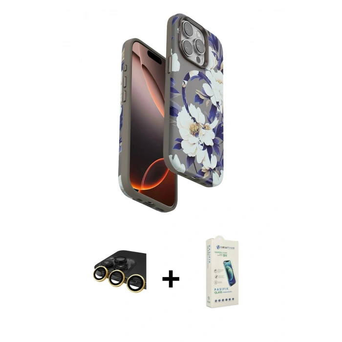 MARSİLYAN™- iPhone 14 Pro Max Kılıf Siluet Doku - Şeffaf Pasifik Cam Ekran Koruyucu + Raze Metal Kamera Lens - GD