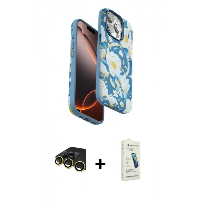 MARSİLYAN™- iPhone 14 Pro Max Kılıf Siluet Doku - Şeffaf Pasifik Cam Ekran Koruyucu + Raze Metal Kamera Lens - GD